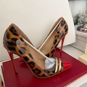 Leopard Print Pointed Toe High Heels with Red Accents